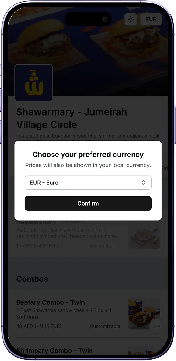 Example of a Mutfaaq menu on iPhone